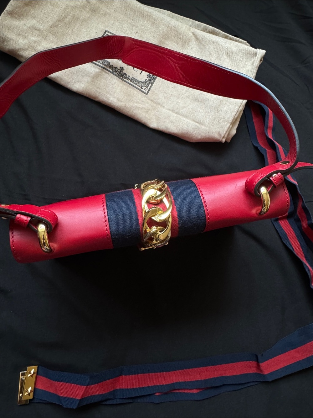 Gucci Sylvie Red Medium Leather Chain-Accent Crossbody Bag with Navy Stripe - Picture 6 of 14